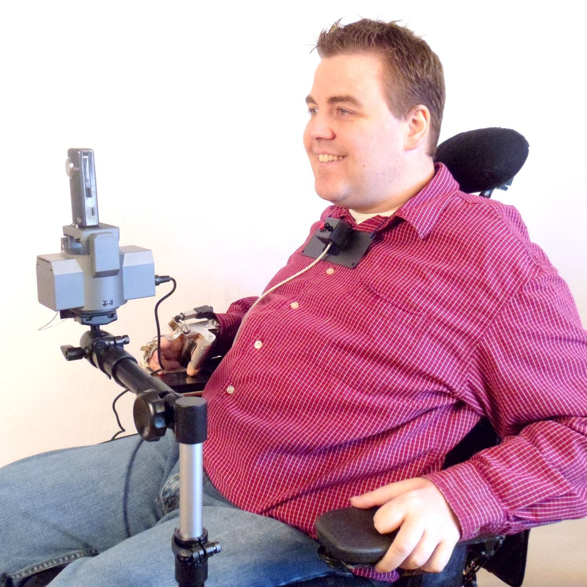 Camera Motorized Pan & Tilt Tripod Head on Robo Arm Wheelchair Mount With Chin Joystick And Click Button With Video Camera