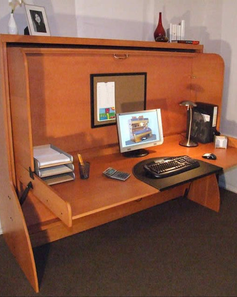 Horizontal Transforming Desk to Full (Double) Hidden Bed - Maple with Cherry Finish - Broadened Horizons Direct